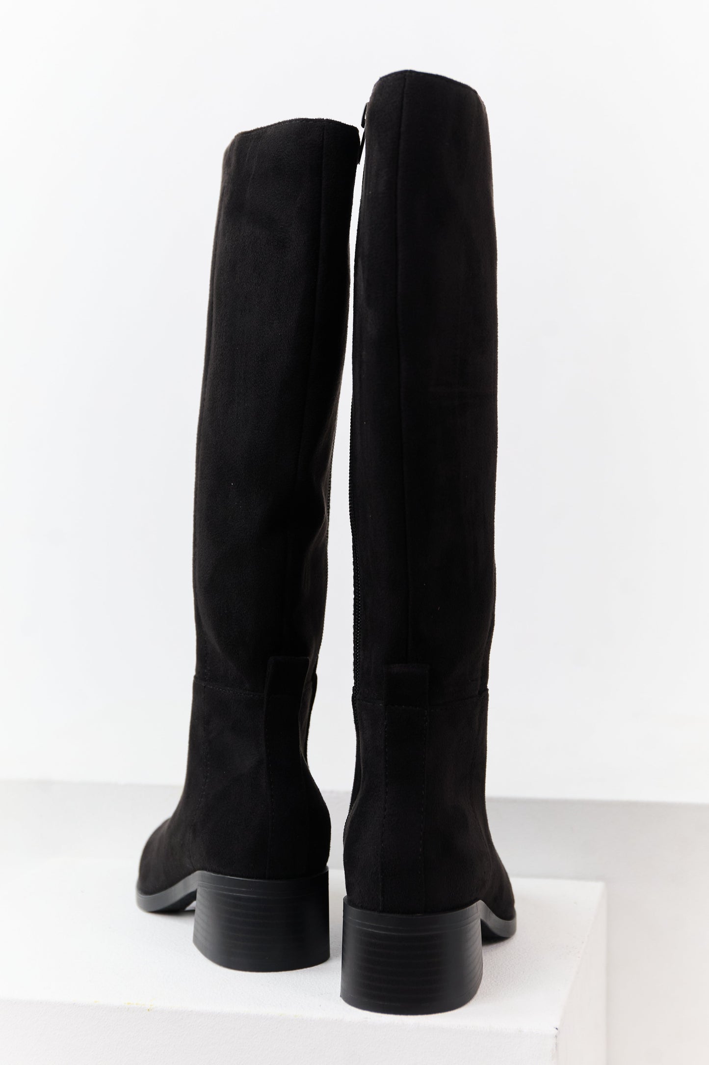 Black Faux Suede Wide Calf Block Heel Tall Boots