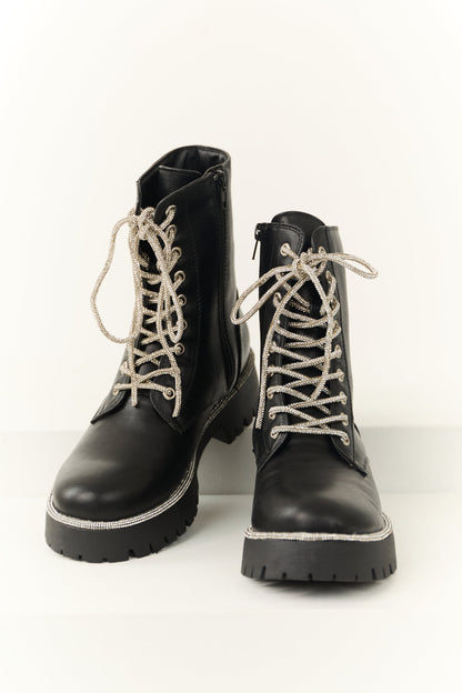 Black Rhinestone Detail Platform Combat Boots