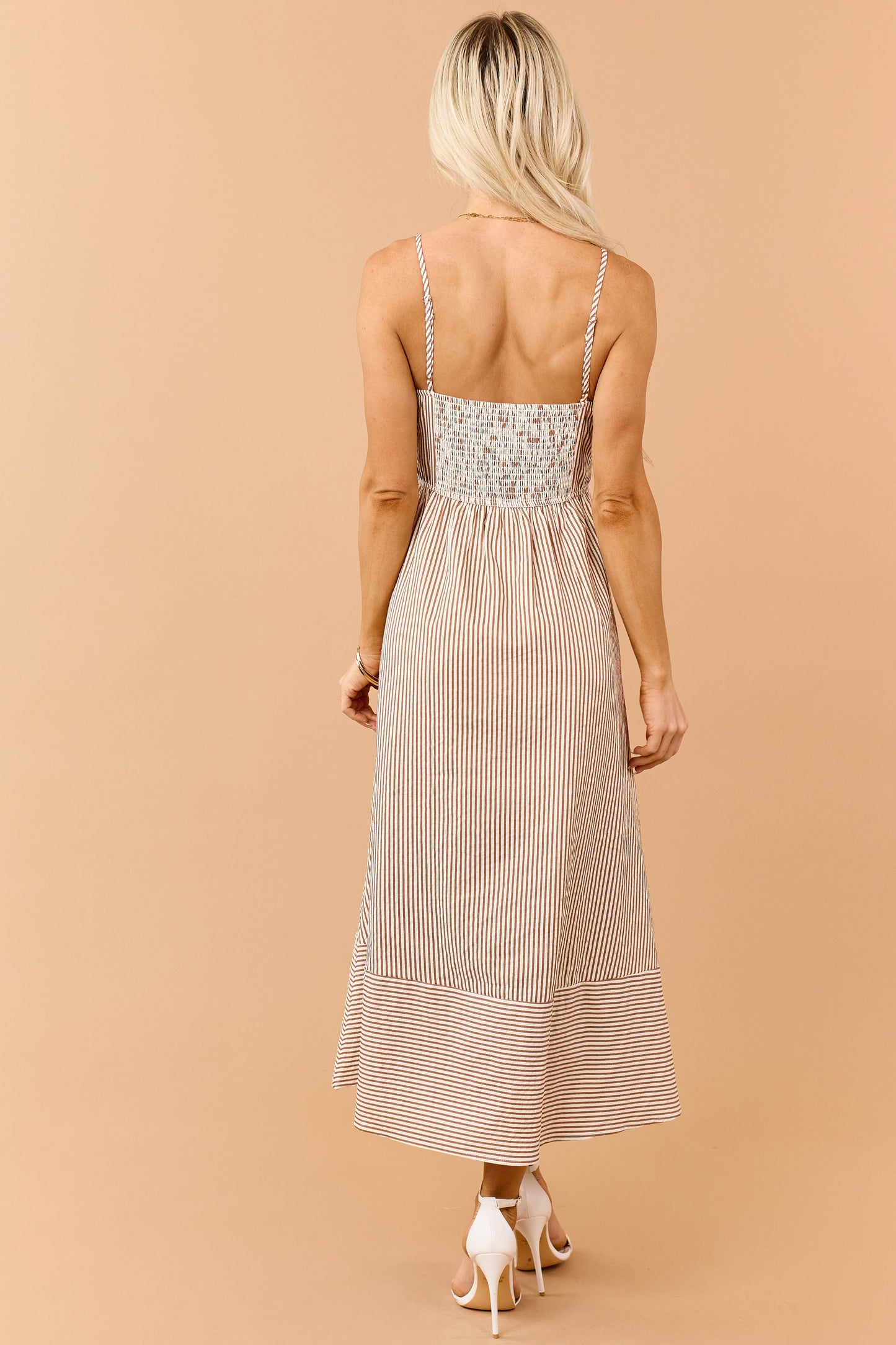 Brown Sugar Striped V-Neck Midi Sundress
