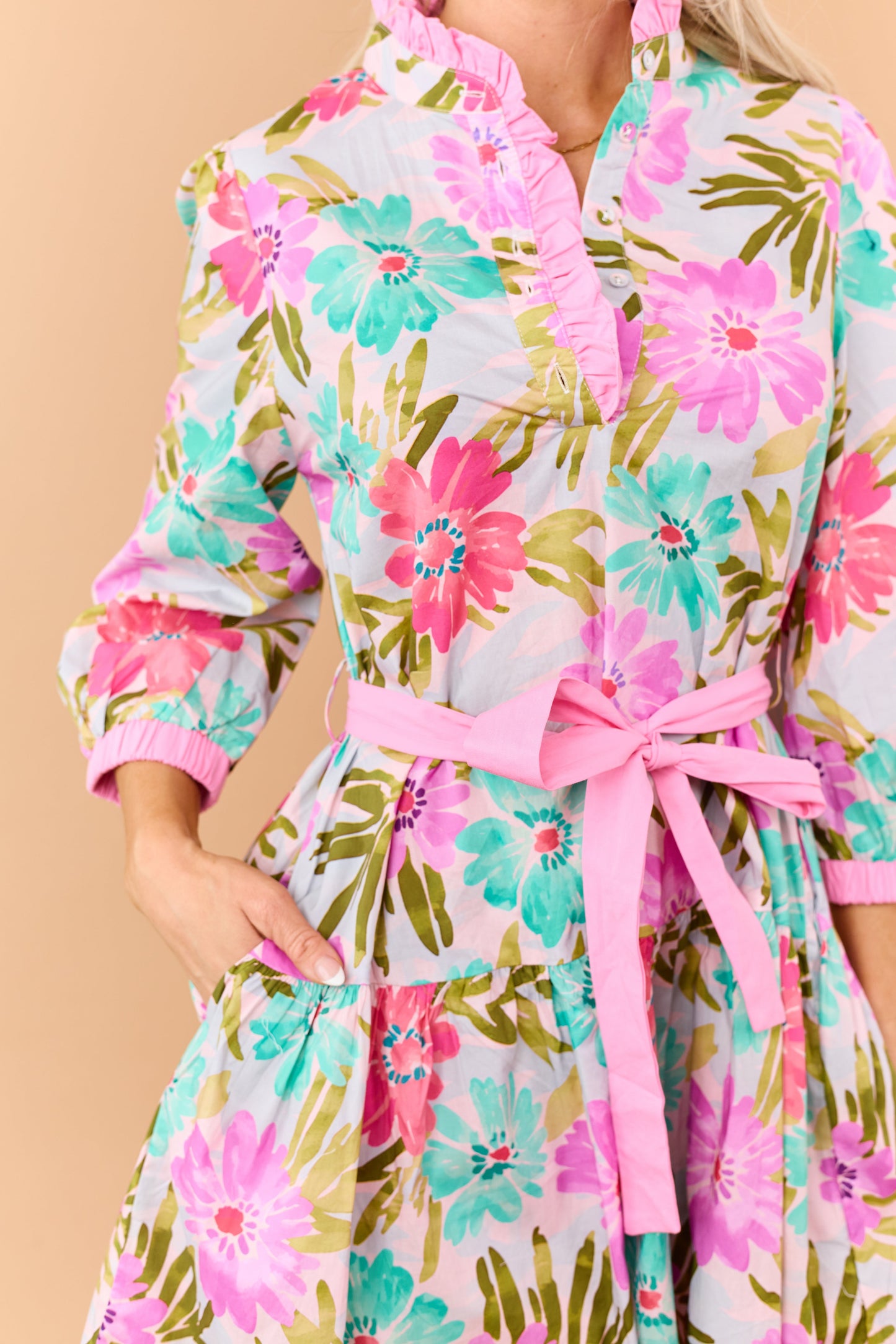 Bubblegum Floral Print Cotton Waist Tie Mini Dress