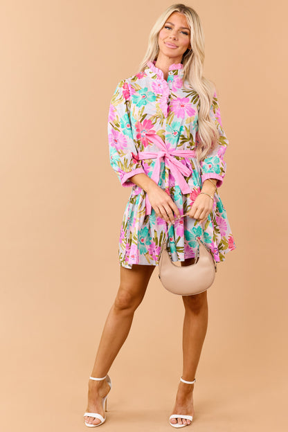 Bubblegum Floral Print Cotton Waist Tie Mini Dress