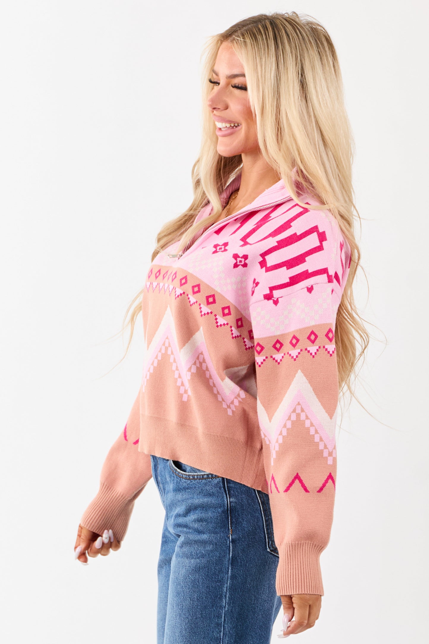 Carnation Geometric Half Zip Up Pullover Sweater