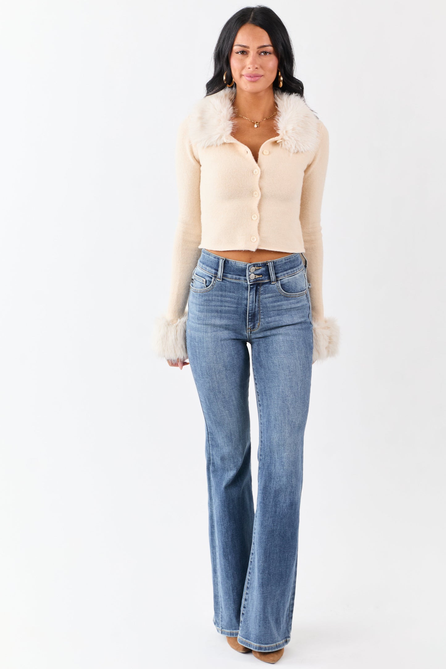 Champagne Faux Fur Trim Cropped Button Up Cardigan