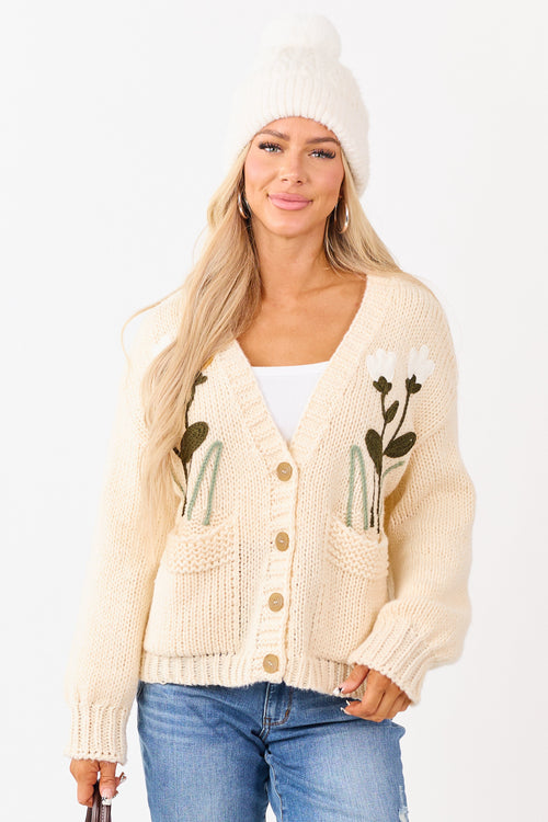 Champagne Floral Embroidery Button Up Knit Cardigan