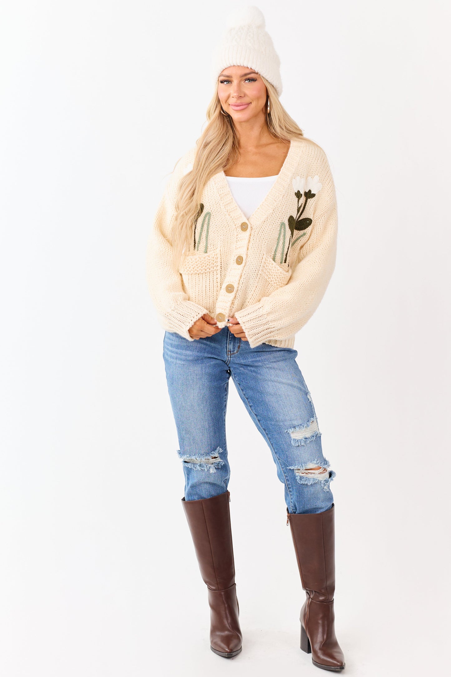 Champagne Floral Embroidery Button Up Knit Cardigan