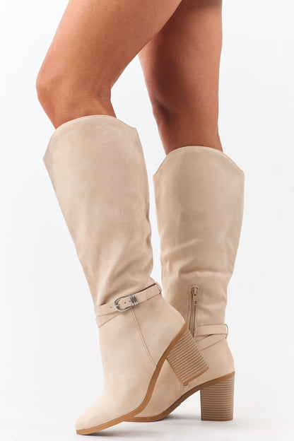 Champagne Faux Suede Ankle Strap Tall Boots