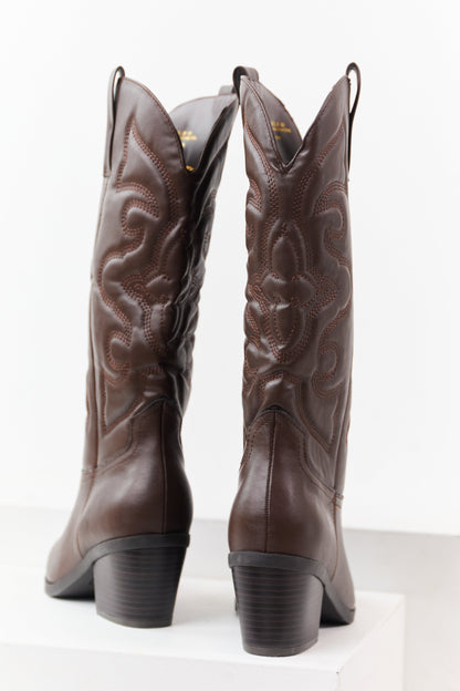 Chocolate Faux Leather Embroidered Cowboy Boots