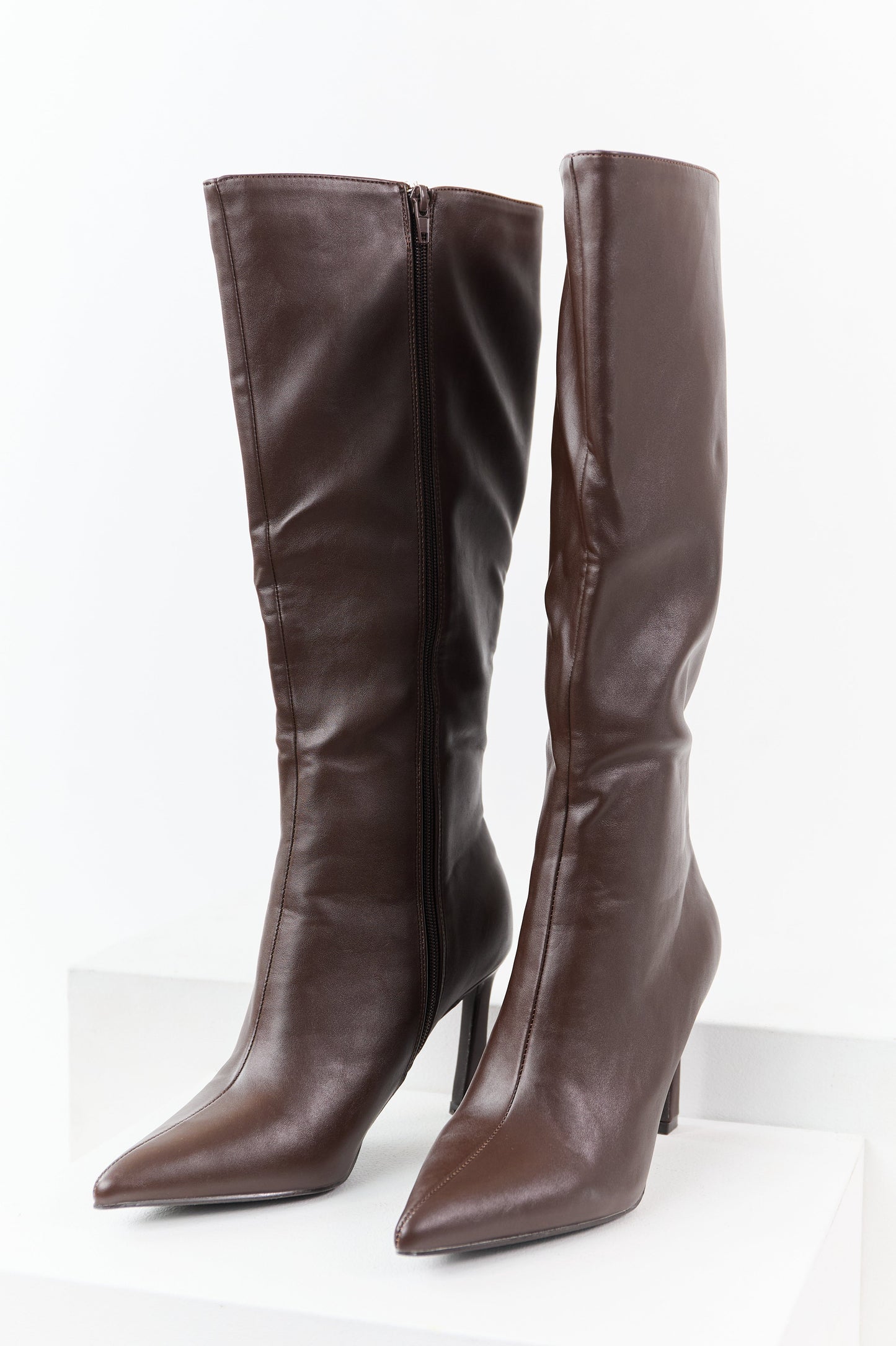 Chocolate Faux Leather High Heel Tall Boots