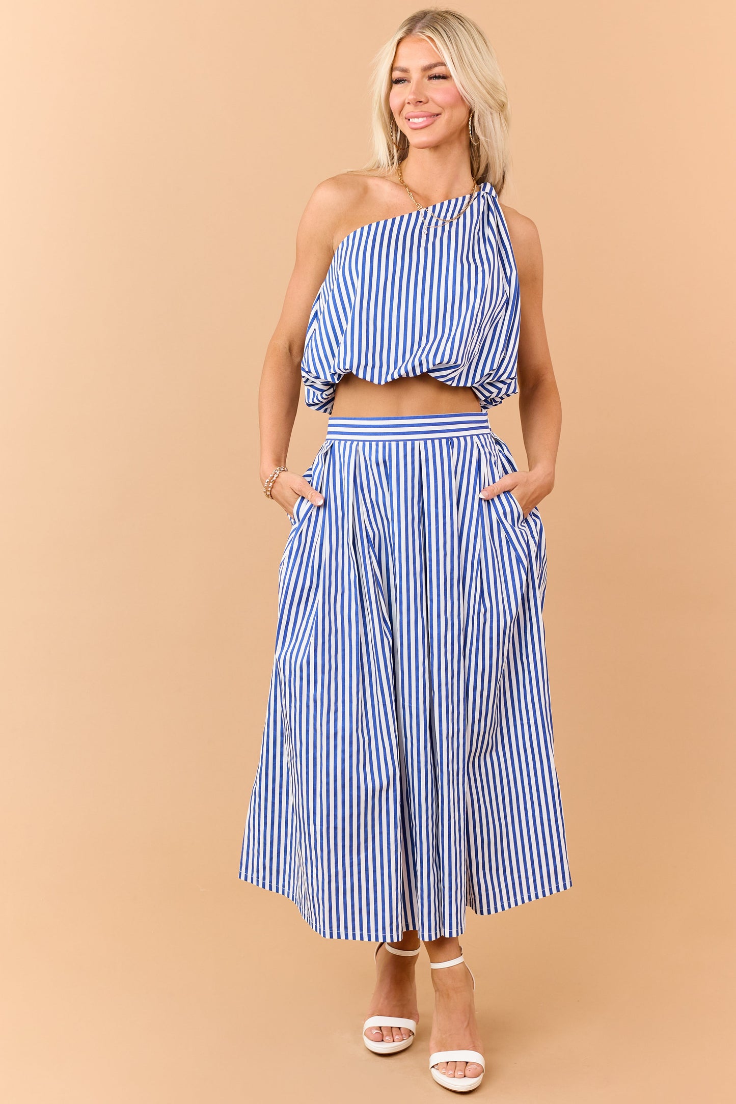 Cobalt and Off White Striped Cotton Maxi Skirt