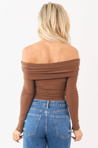 Cognac Off Shoulder Long Sleeve Fitted Knit Top