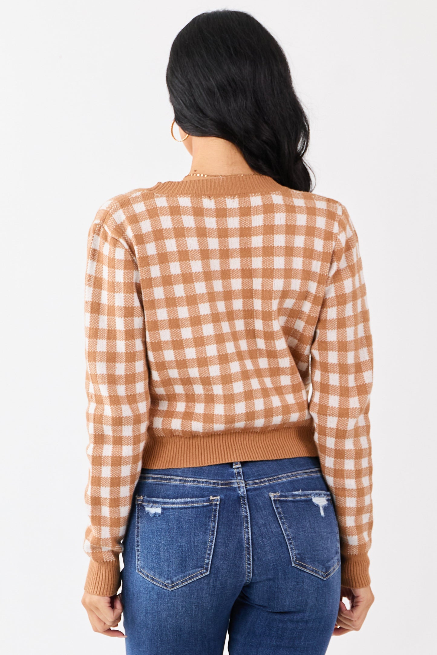 Copper Checkered Button Down Cropped Cardigan