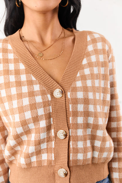 Copper Checkered Button Down Cropped Cardigan