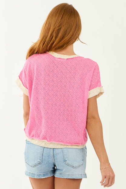 Cream Colorblock Knit Short Sleeve Top