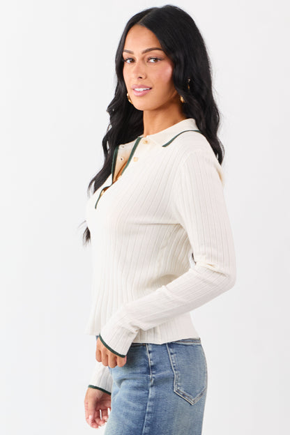 Cream Contrast Trim Polo Style Sweater Top