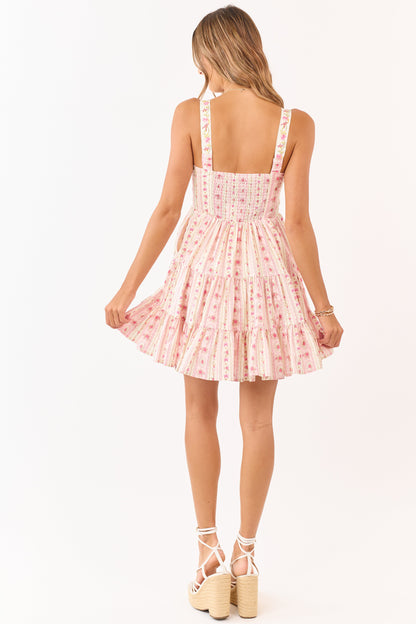 Cream Cotton Floral Tiered Sleeveless Mini Dress