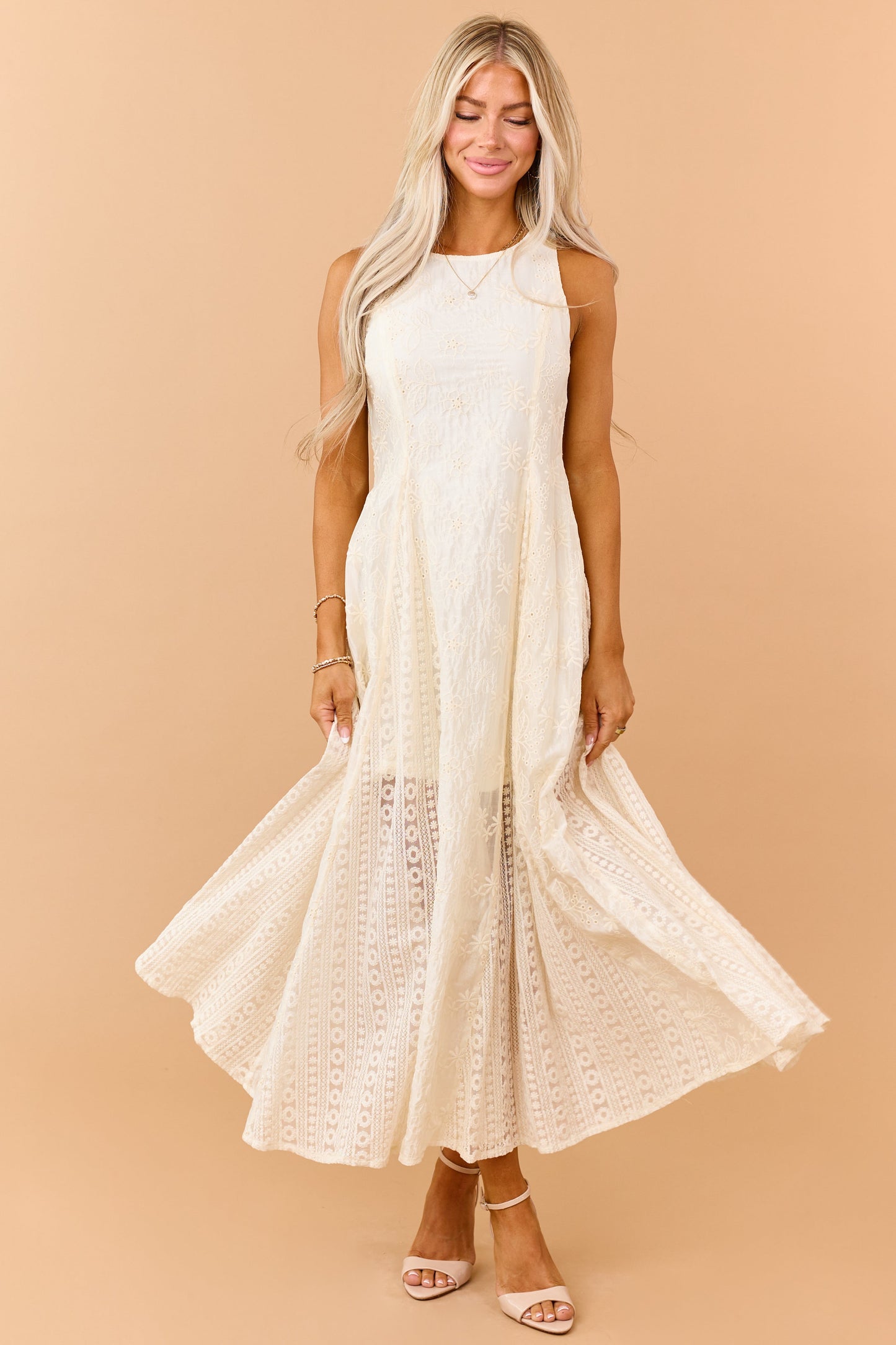 Cream Eyelet Lace Embroidered Sleeveless Maxi Dress