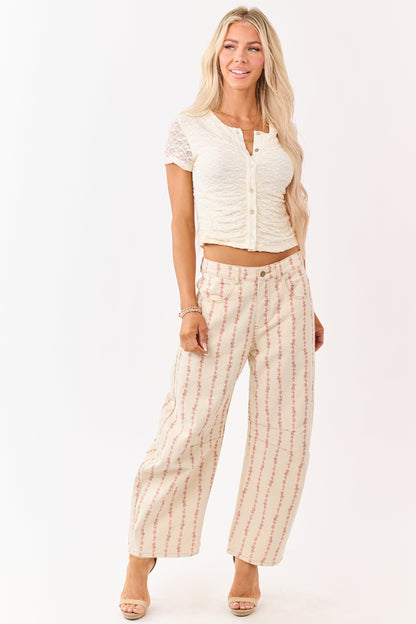 Cream Floral Print Barrel Leg Denim Pants