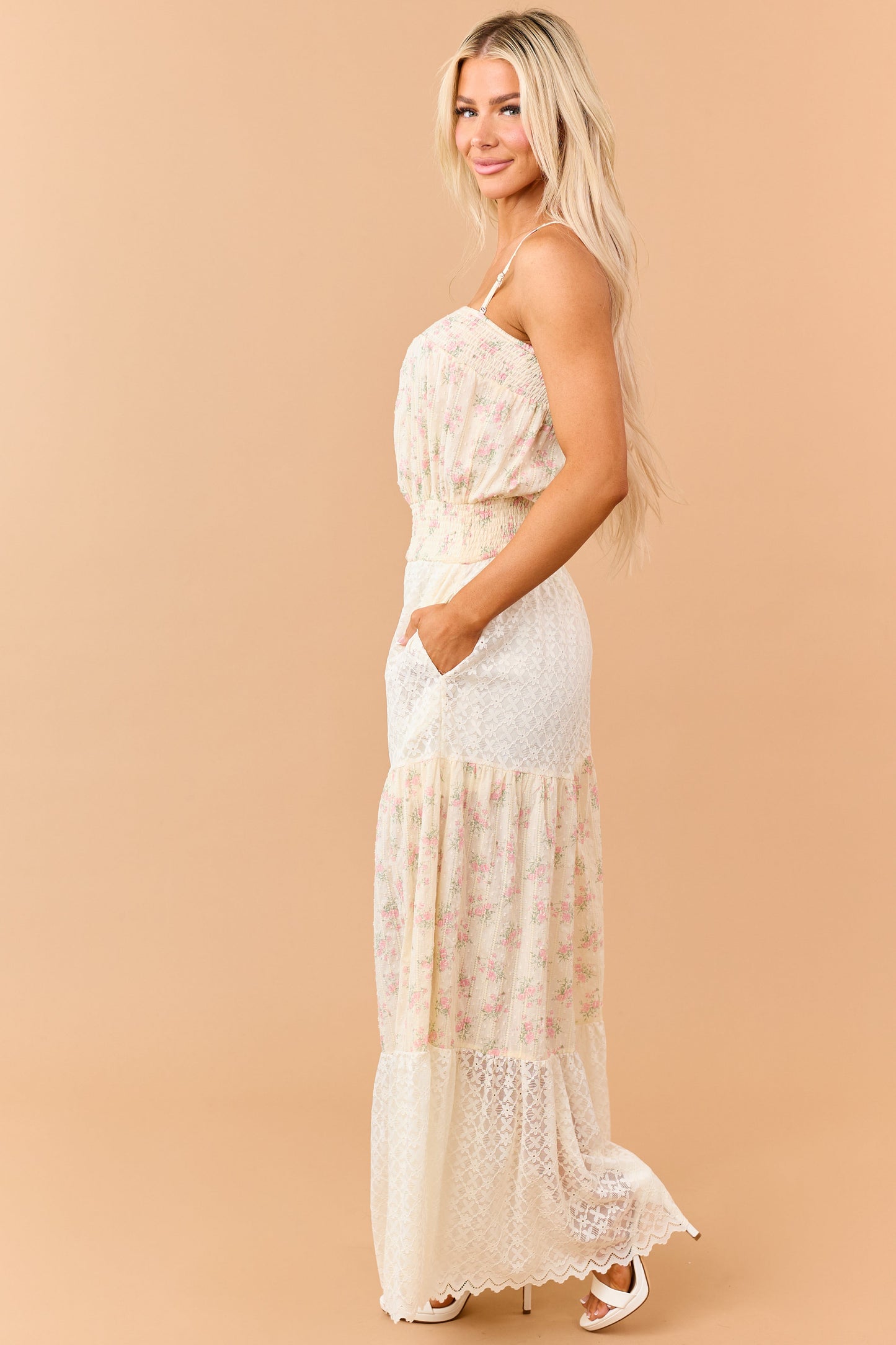 Cream Floral Print Cotton and Lace Panel Jumpsuit