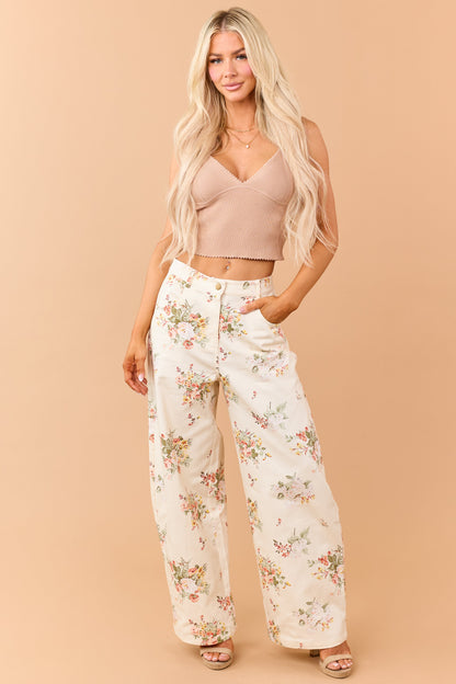 Cream Floral Print High Rise Wide Leg Jeans