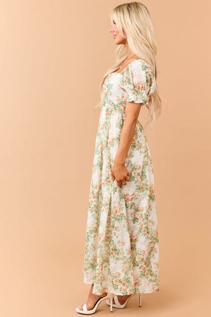 Cream Floral Print Puff Sleeve Sweetheart Maxi Dress