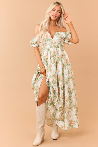 Cream Floral Print Puff Sleeve Sweetheart Maxi Dress