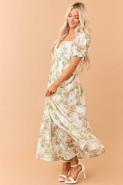 Cream Floral Print Puff Sleeve Sweetheart Maxi Dress