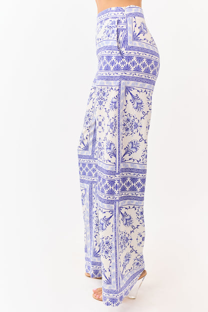 Cream Floral Tile Print Lightweight Wide Leg Pants