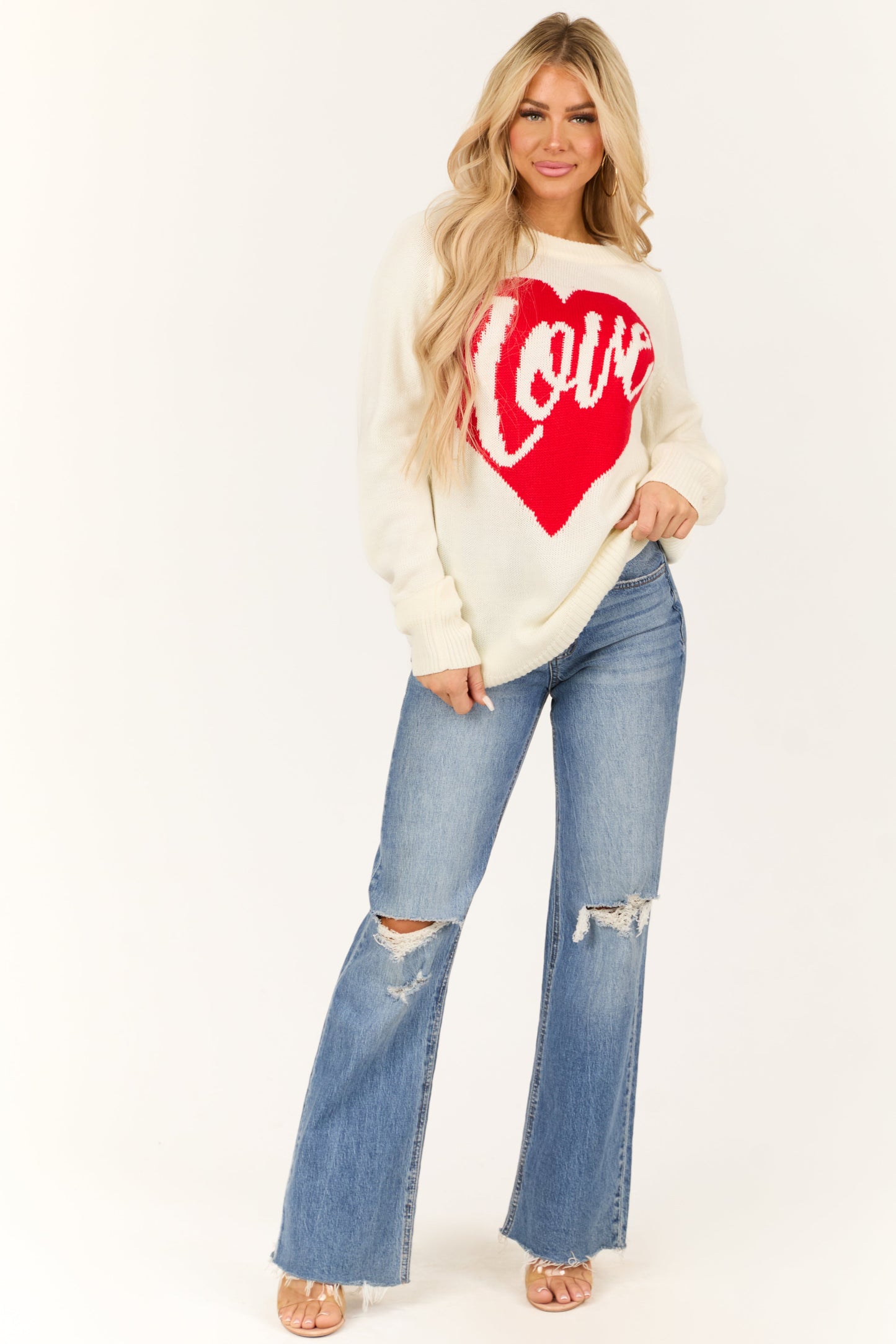 Cream 'Love' Heart Graphic Long Sleeve Sweater
