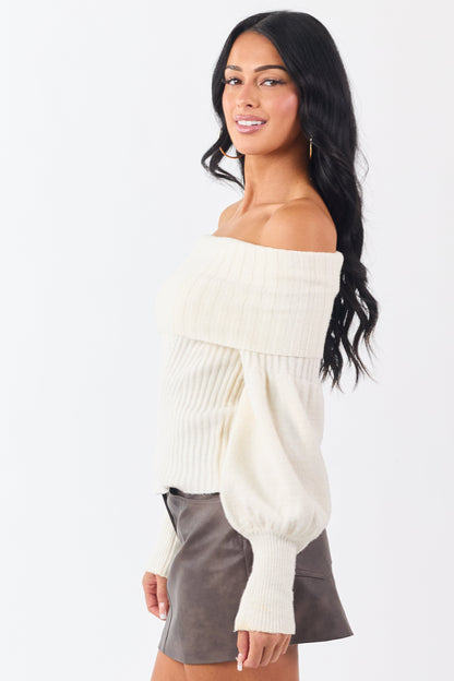 Cream Off Shoulder Long Puff Sleeve Sweater