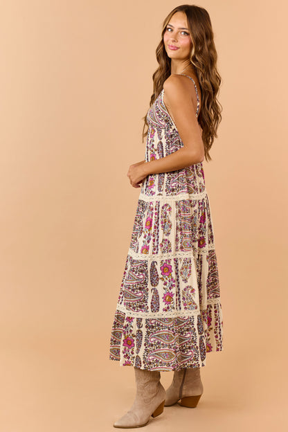 Cream Paisley Floral Print Tiered V-Neck Midi Dress