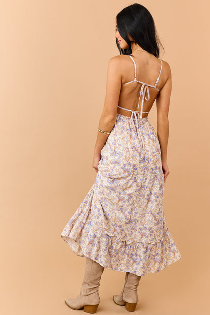 Cream Paisley Print Open Back Maxi Dress