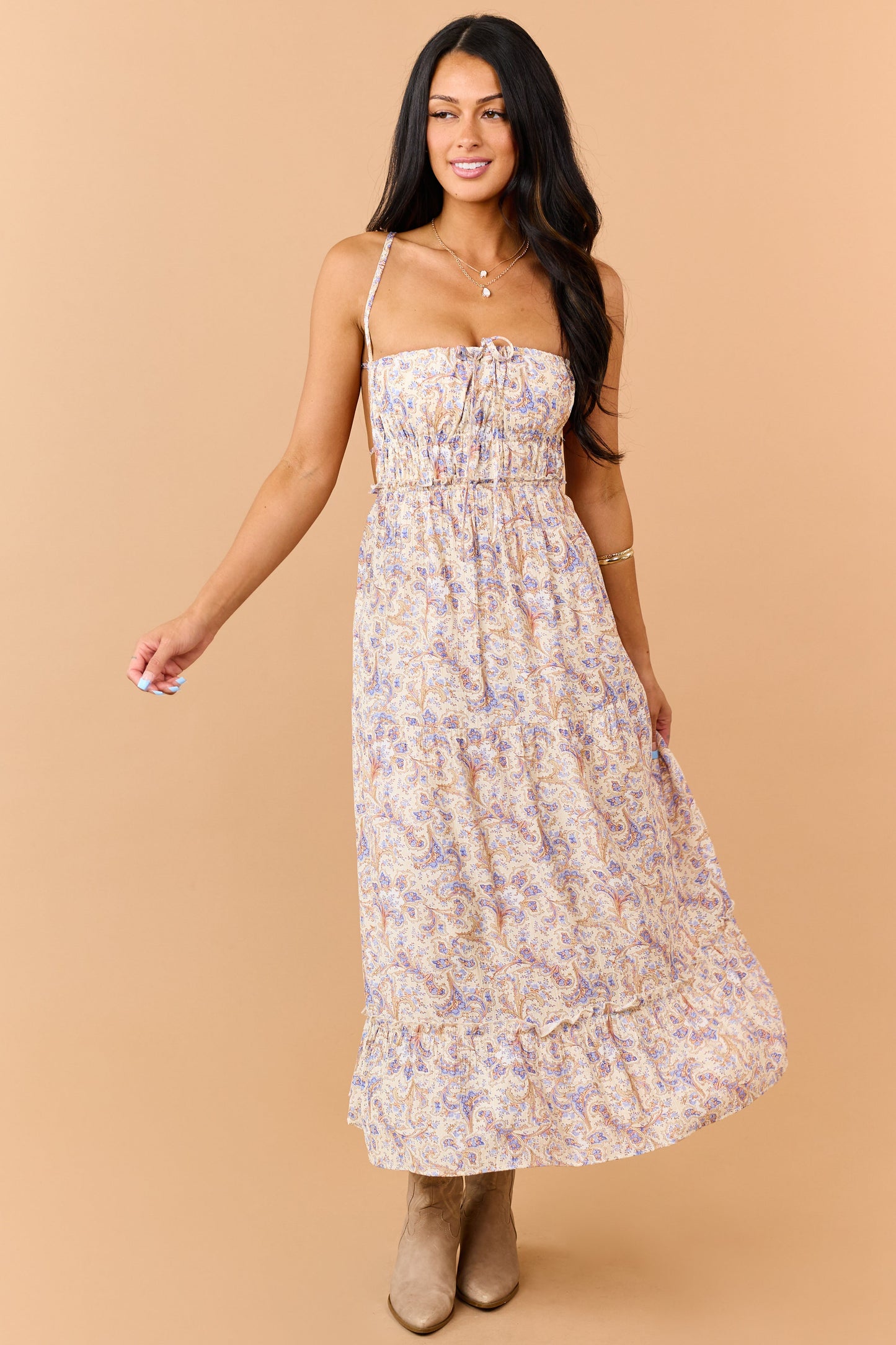 Cream Paisley Print Open Back Maxi Dress