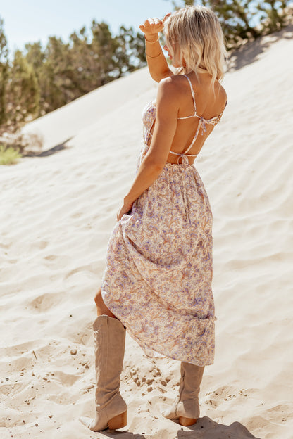 Cream Paisley Print Open Back Maxi Dress