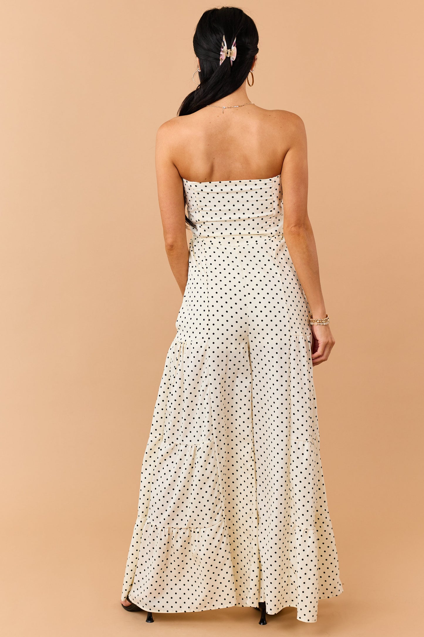 Cream Polka Dot Strapless Front Tie Jumpsuit