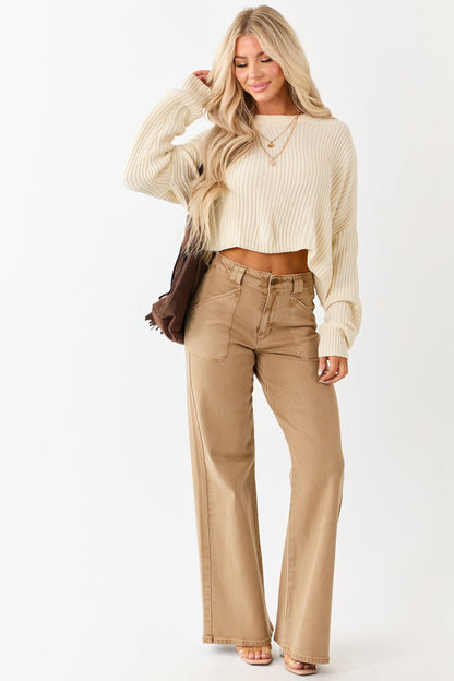 Cream Relaxed Rib Knit Crew Neck Cropped Sweater