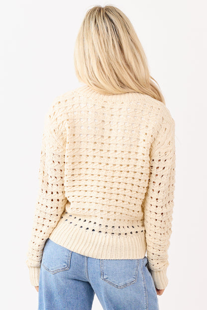 Cream Zip Up Open Knit Sweater Cardigan