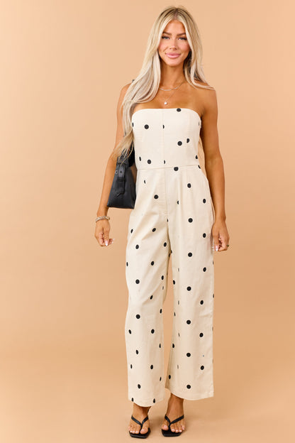 Cream and Black Polka Dot Denim Strapless Jumpsuit
