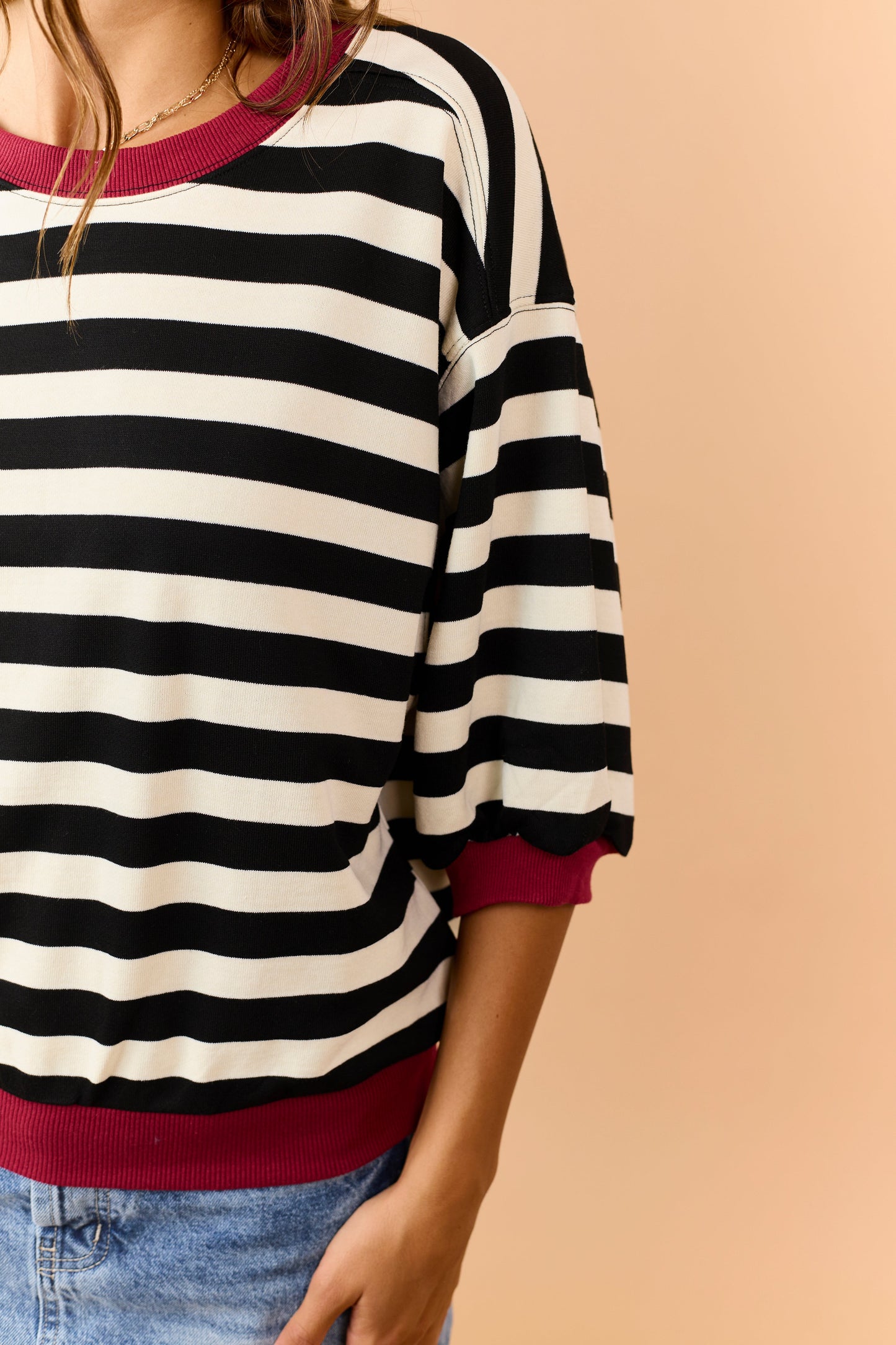 Cream and Black Striped Bubble Sleeve Sweatshirt