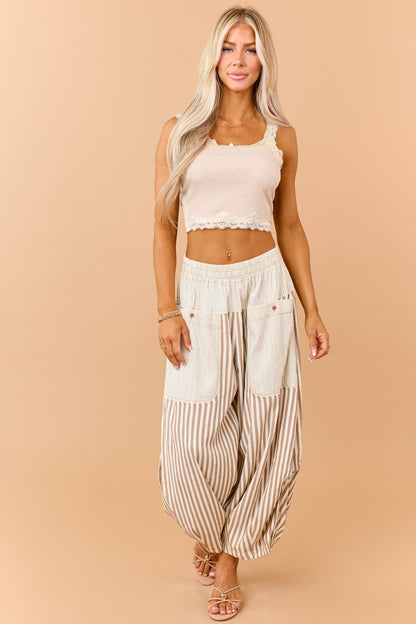 Cream and Latte Striped Wide Crop Pants