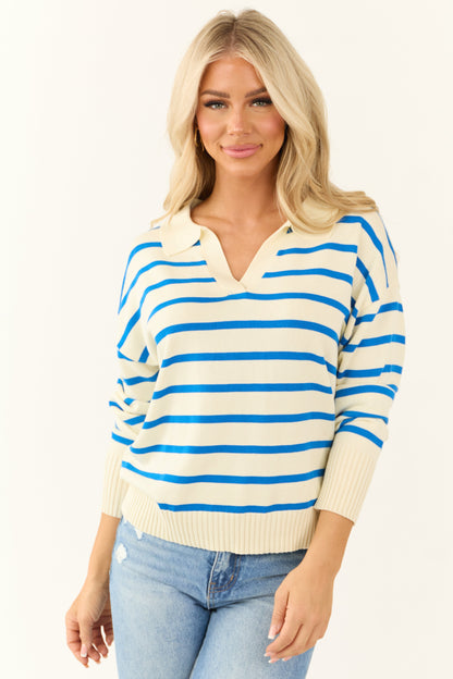 Cream and Sapphire Striped Collared V Neck Sweater
