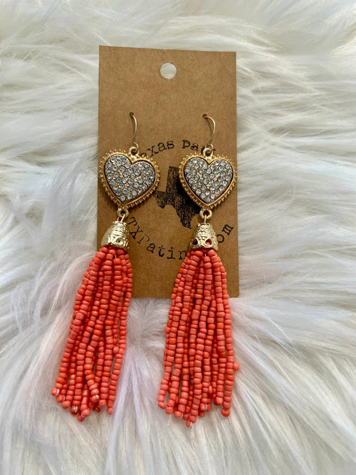 Heart with Coral Tassel Earrings