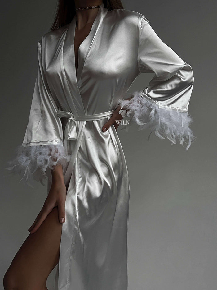 AFFECTION Satin Robe White Satin Bridal Robe Kimono Long