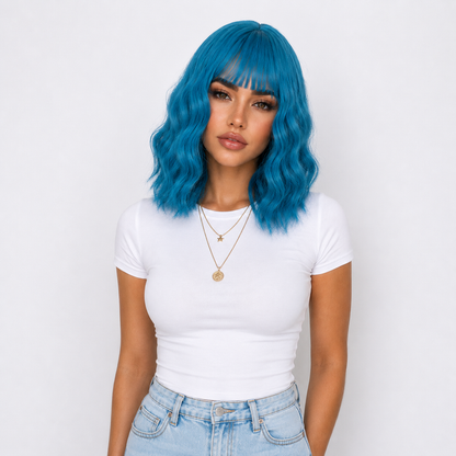 "Aqua" - Short Blue Wig with Bangs