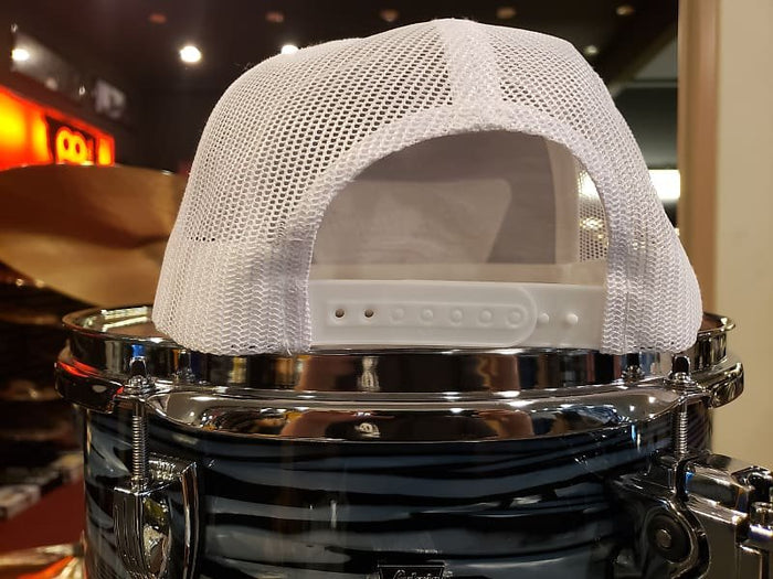 Bentley's Drum Shop Trucker Snapback Hat in Navy Blue and White