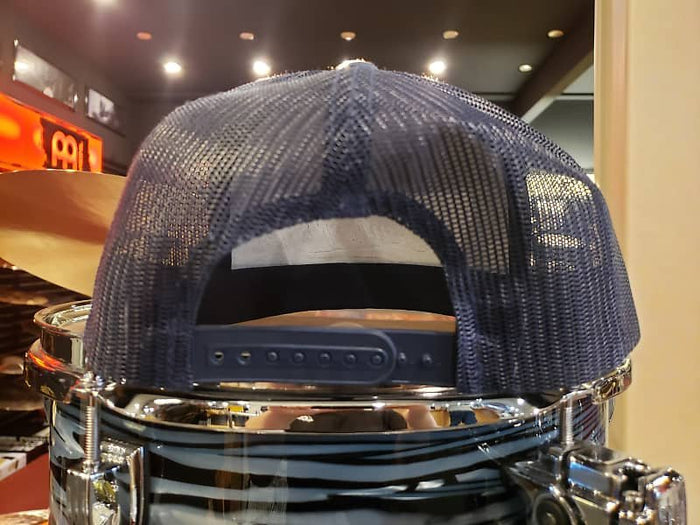 Bentley's Drum Shop Trucker Snapback Hat in Navy Blue
