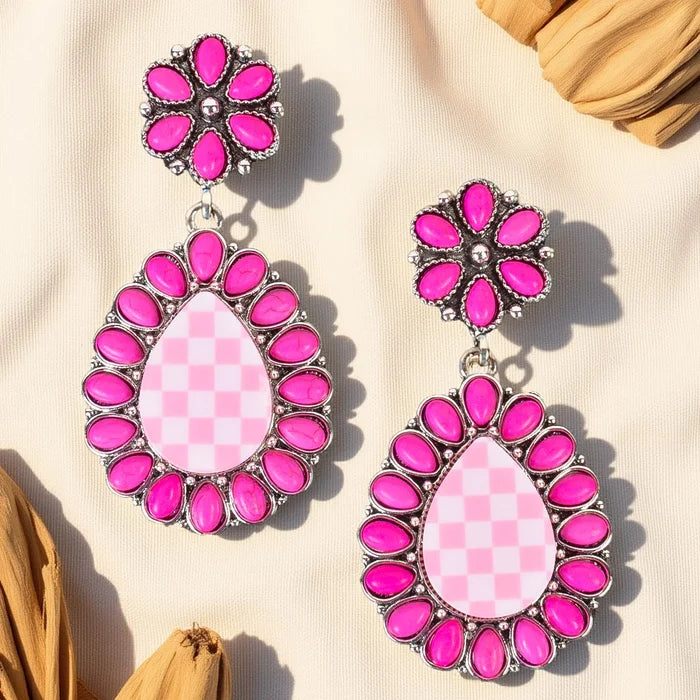 Checkered Drop Earrings - Fuchsia