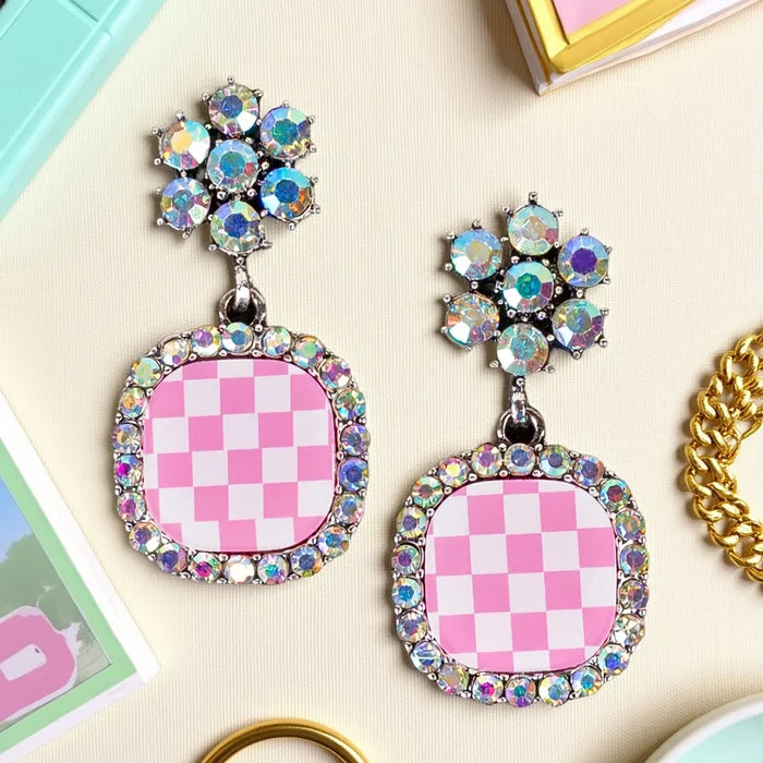 Checkered Earrings - Pink & White Square