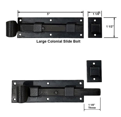 Colonial Surface Slide Bolt with curled handle with dimensions - Wild West Hardware