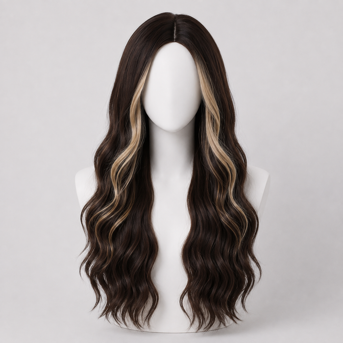 "Elisabeth" - Long Brown Wig with Money Piece Highlights