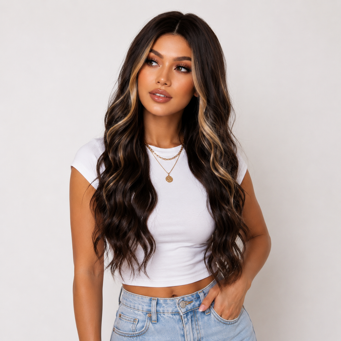 "Elisabeth" - Long Brown Wig with Money Piece Highlights